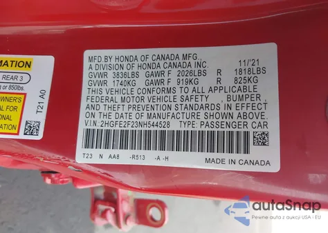 2022 Honda Civic Lx из США, поврежденный, VIN 2HGFE2F23NH544528